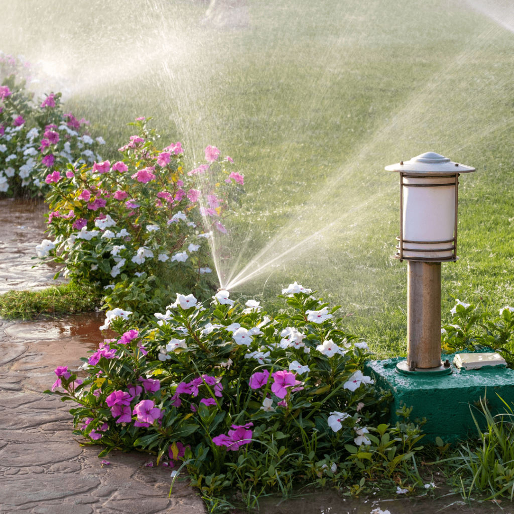 a sprinkler watering flowers in a garden