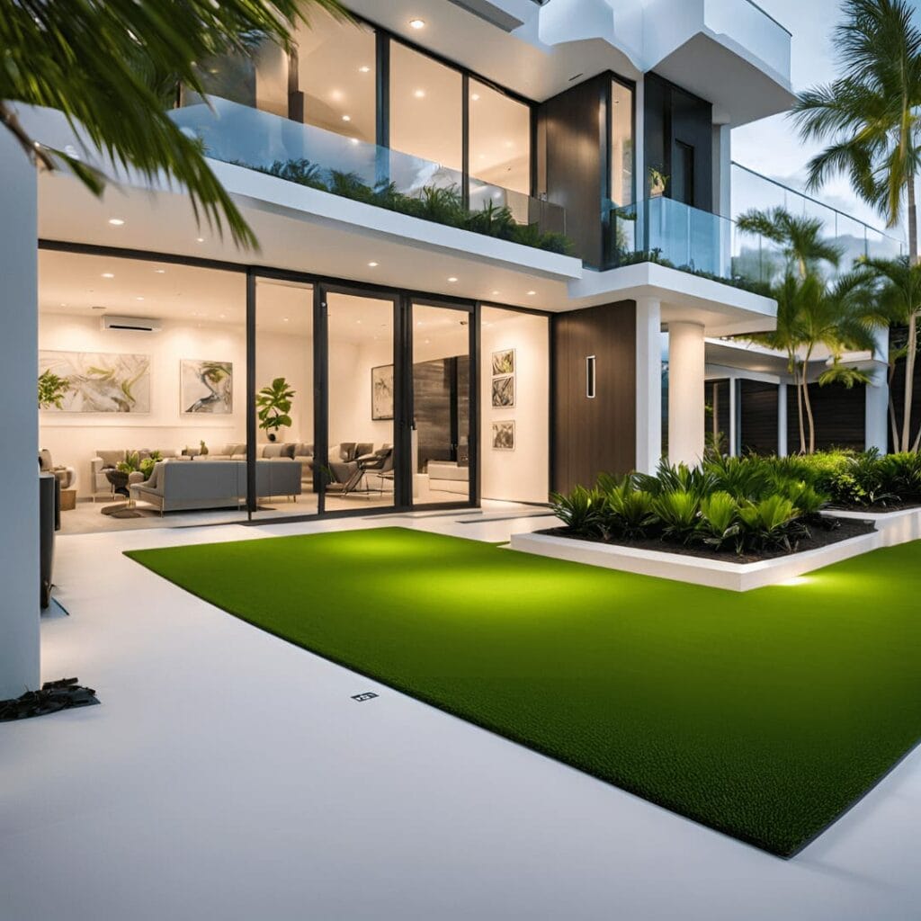 an outdoor area with grass and palm trees in front of a house